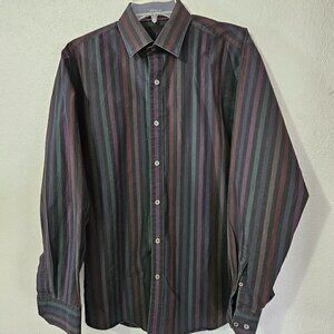 BUGATCHI MEN'S CLASSIC FIT PURPLE BLACK DARK STRIPE SHIRT SZ M